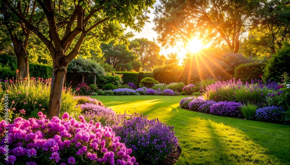 Fototapeta premium Lush garden at sunset