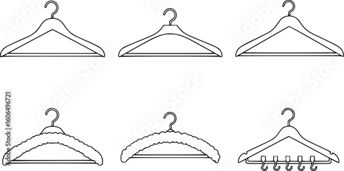 a group of clothes hangers, black and white outline, hanger, white background

