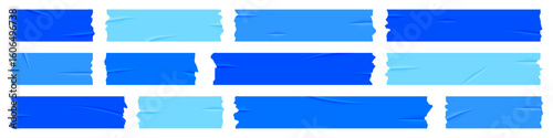 Set of blue sticky notes, realistic adhesive tape pieces vector illustration