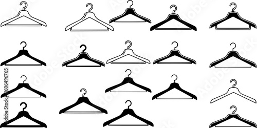 a group of clothes hangers, black and white outline, hanger, white background

