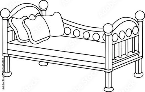 Children’s bed with pillows line art ideal for nursery decor and fun creative coloring page projects