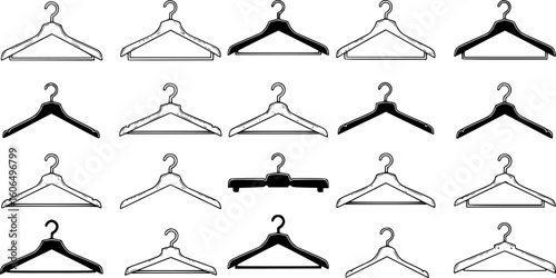 a group of clothes hangers, black and white outline, hanger, white background

