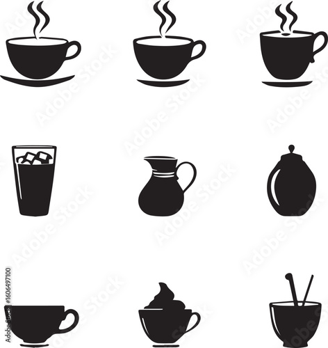: Drinkware Icon Set Featuring Coffee Cups, Pitcher, Glassware, Teapot, and Beverage Toppers in Line Art