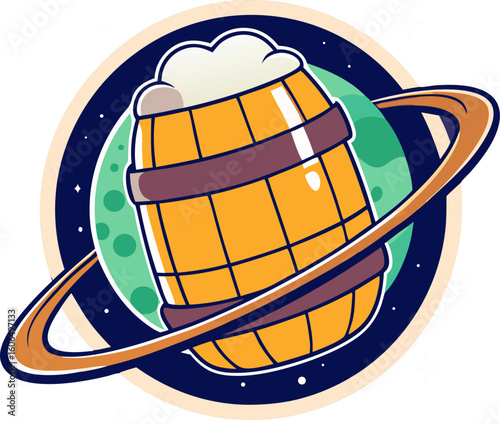 A beer keg illustrated as a rotating planet with rings of barley or bottle caps orbiting it.