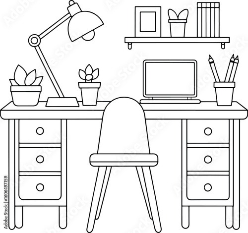 Home office desk setup with lamp and laptop ideal for creative workspace or learning environment visuals