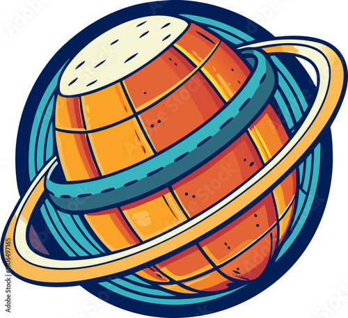 A beer keg illustrated as a rotating planet with rings of barley or bottle caps orbiting it.
