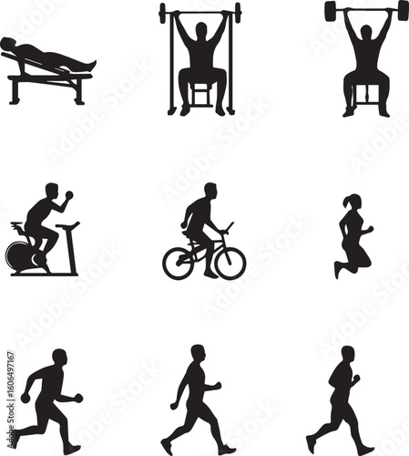 Fitness Icon Set Featuring Weightlifting, Cardio, Treadmill, Cycling, Running, and Training Silhouettes