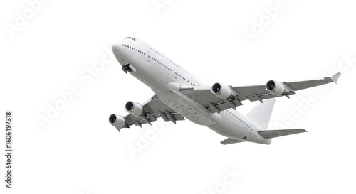 A large, modern, white wide-body passenger airplane resembling a Boeing 747, banking upwards mid-flight against an isolated transparent background with no shadows, showcasing precision and clean