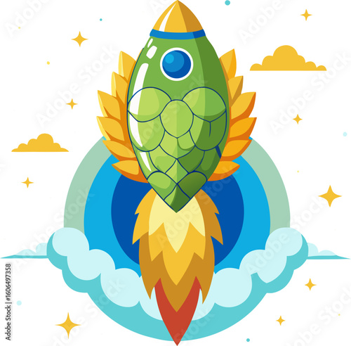A hop cone turned into a rocket blasting off — symbolizing the rise of beer culture around the world.