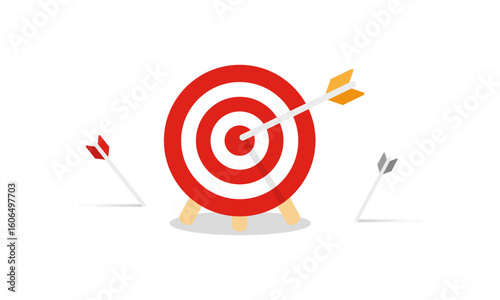 Many arrows missed hitting target mark. Shot miss. Multiple failed inaccurate attempts to hit archery target. Business challenge failure metaphor. Flat cartoon isolated vector object illustration