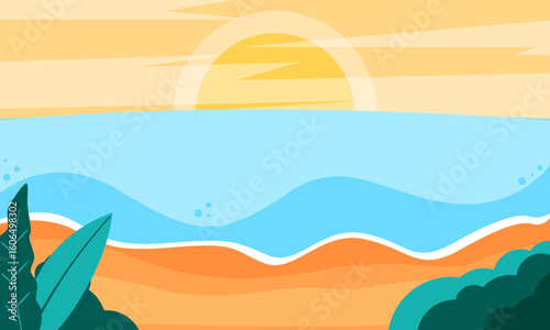 Tropical landscape of coast beautiful sea shore beach on good sunny day flat vector illustration, Creative background of landscape, panorama of sea and beach. Summer sale, post template