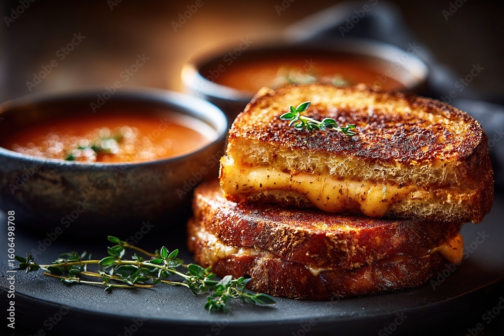 Stacked grilled cheese sandwiches with tomato soup, garnished with fresh herbs Stacked grilled cheese sandwiches with tomato soup, garnished with fresh herbs