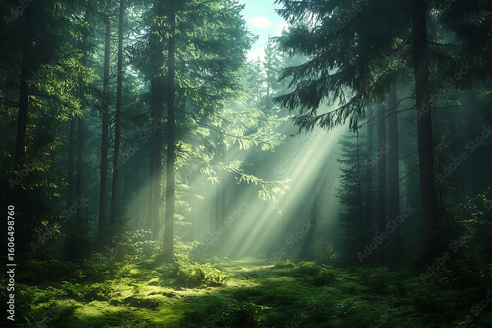 Fototapeta premium Sunlight Rays Through a Dense Pine Forest