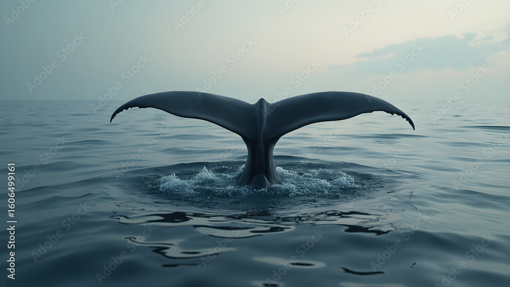 Obraz premium Whale tail disappearing into the ocean. Ultra realistic ocean scenes. Nature photography of whale tails. Majestic whales in their natural habitat.