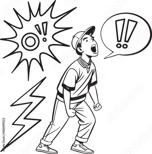 Young man shouting with speech bubble in comic style illustration – expressive talking or yelling cartoon concept