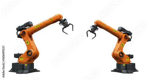 Two vibrant orange industrial robotic arms with black grippers, intricate cables, and warning symbols, posed on dark grey bases against a pristine transparent studio background with copy space, clean