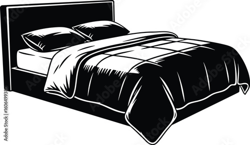 Luxurious modern bed with plush pillows and crisp linens, inviting comfort