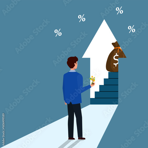Businessman holding money plant and standing in front the door leading to the top floor with stairs and half of money bag. Investment growth, prosperity or earn more money from savings concept.