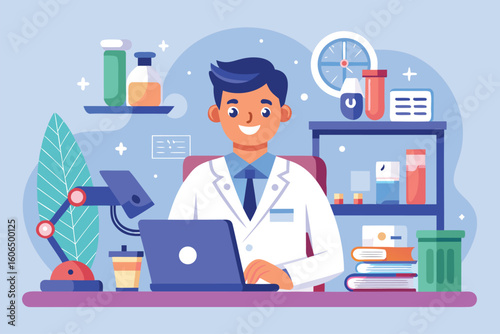 General practitioner in a modern office conducting research with a microscope, utilizing technology and analyzing patient data