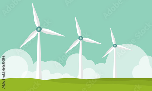 vector illustration of clean electric energy from renewable sources sun and wind. Power plant station buildings with solar panels and wind turbines on city skyline urban landscape background.