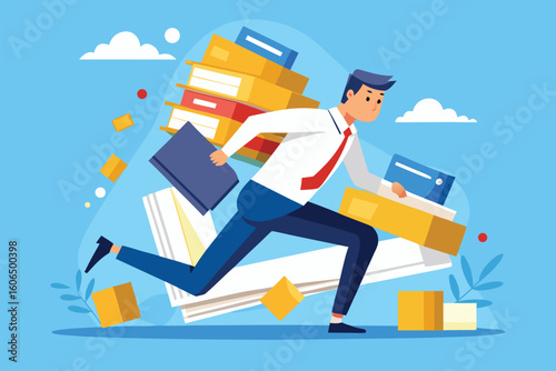 Frustrated businessman runs away from collapsing stacks of paperwork in a chaotic office environment during the daytime