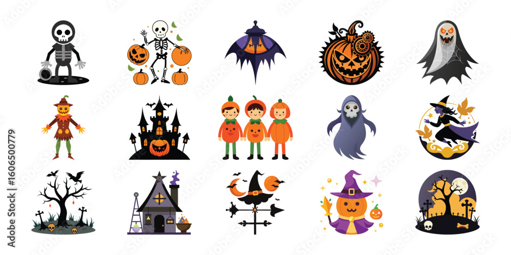 Naklejka premium Cheerful Halloween Cartoon Icons: Pumpkins, Skeletons, Ghosts, Witches, and Haunted Houses; Flat Vector Style. on white background