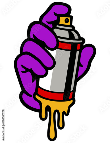 stylized cartoon hand in a vibrant purple glove gripping a silver and red spray paint can, with yellow paint dripping from the nozzle.