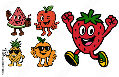 collection of five cheerful cartoon fruit characters, including a waving watermelon, a winking apple, an excited strawberry, a cool pineapple with sunglasses, and a chill orange with a surfboard.