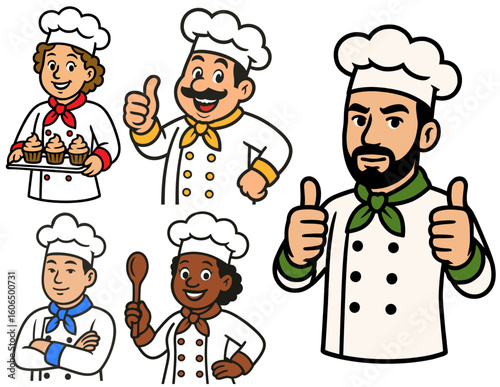 cheerful collection of five diverse cartoon chefs in various poses, including one holding cupcakes and another giving thumbs-up gestures.