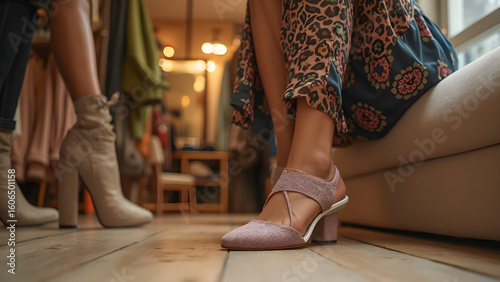 chic boutique shoes shopping. trendy footwear for fashion lovers. stylish shoe try-ons in luxury stores. ultra-realistic shopping experience in boutiques.