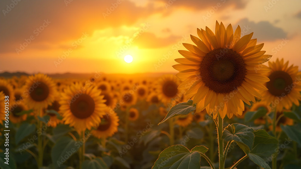 Fototapeta premium Sunflowers blooming in sunlight. Ultra realistic sunflower field. Sunflowers following the sun. Beautiful natural landscapes with sunflowers.