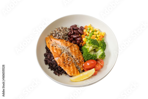 Delicious Salmon Bowl: a delectable and nutritious salmon bowl brimming with grilled salmon, black rice, beans, colorful vegetables, and a lemon wedge, representing a wholesome and balanced meal