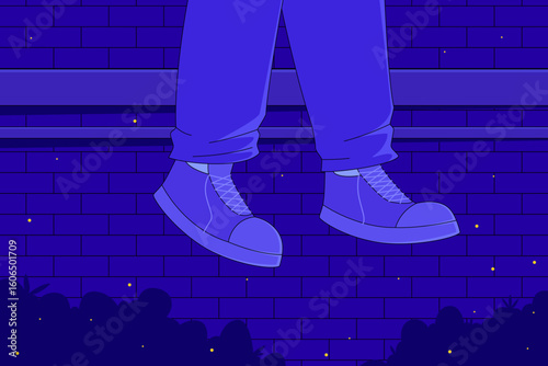A person’s feet dangle above a wall, suggesting solitude or deep thoughts.