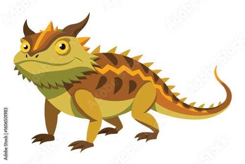 Cartoon Bearded Dragon with Horns and Spikes Ready for Adventure in a Colorful Isolated Style