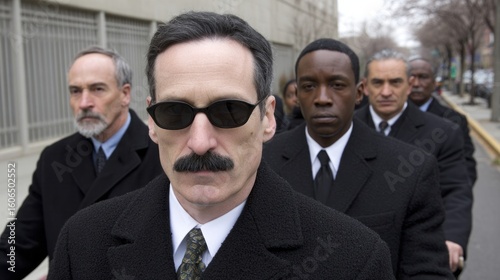 Solemn procession of enigmatic suits, diverse allegiance marching like shadows, embodying mystery and unity; perfect for Black Friday intrigue