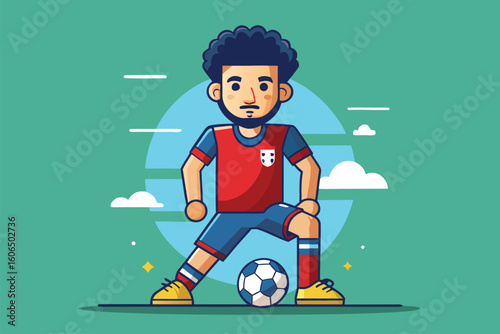 Vector illustration of a football soccer player in action with a ball on a colorful background during a bright sunny day