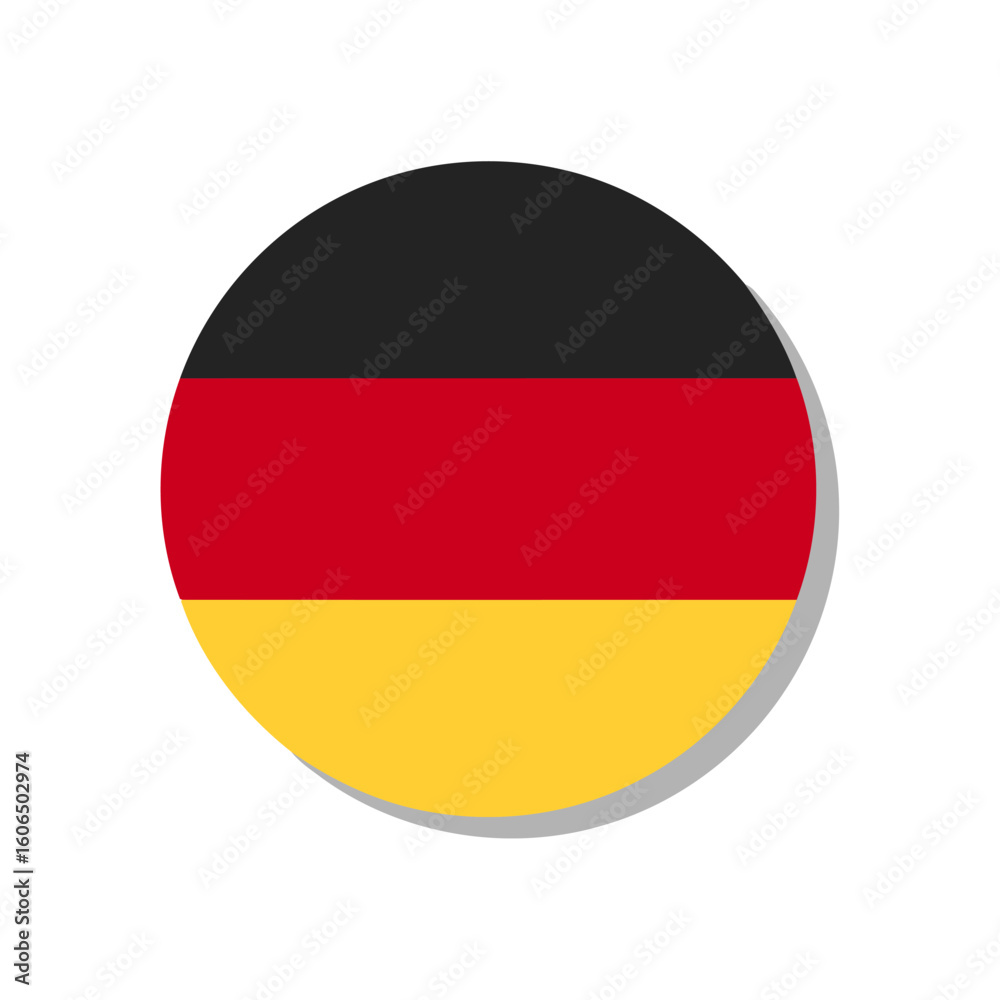 Naklejka premium Circular Vector Icon of German Flag with Subtle Shadow on White Background – Black, Red, and Yellow Horizontal Stripes