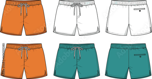 Set of Men's Swim Trunks, Front and Back Views, Various Colors, Ideal for Fashion Mockup, Summer Wear, and Apparel DesignSet of Men's Swim Trunks