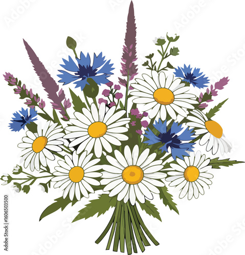 Elegant wildflower bouquet featuring daisies, cornflowers, and meadow herbs illustration
