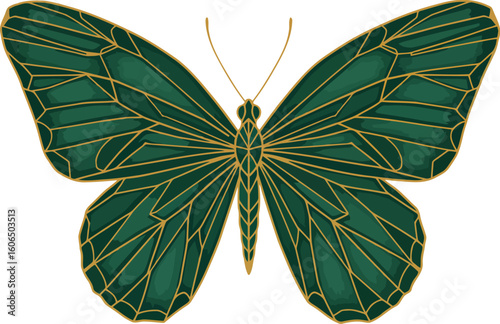 Emerald butterfly with golden geometric lines creating a stained glass effect