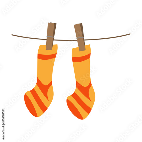 Orange striped socks hanging on clothesline. Flat style cartoon vector illustration