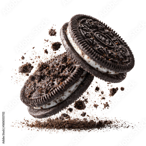 Flying Oreo Cookies with Crumbs Isolated Transparent Background