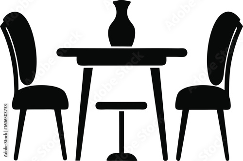 Black silhouette of  a dining table with two chairs, a common piece of furniture used for eating meals