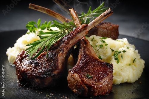 Lamb chops rest on mashed potatoes, garnished with herbs, over a dark plate