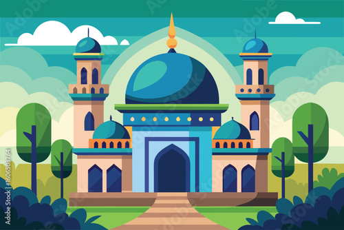 Vibrant mosque dome surrounded by lush greenery and soft clouds captured during a bright day in a serene landscape atmosphere