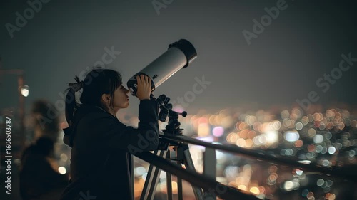 Guided by curiosity, a person observes the night sky from a tall building, using a telescope to explore stars and celestial wonders while city lights twinkle below.