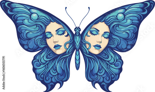Stylized blue butterfly with faces in wings, a whimsical vector illustration