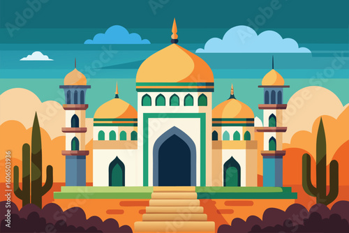 Flat mosque dome landscape illustration showcasing a tranquil desert backdrop with vibrant colors and geometric designs during sunset