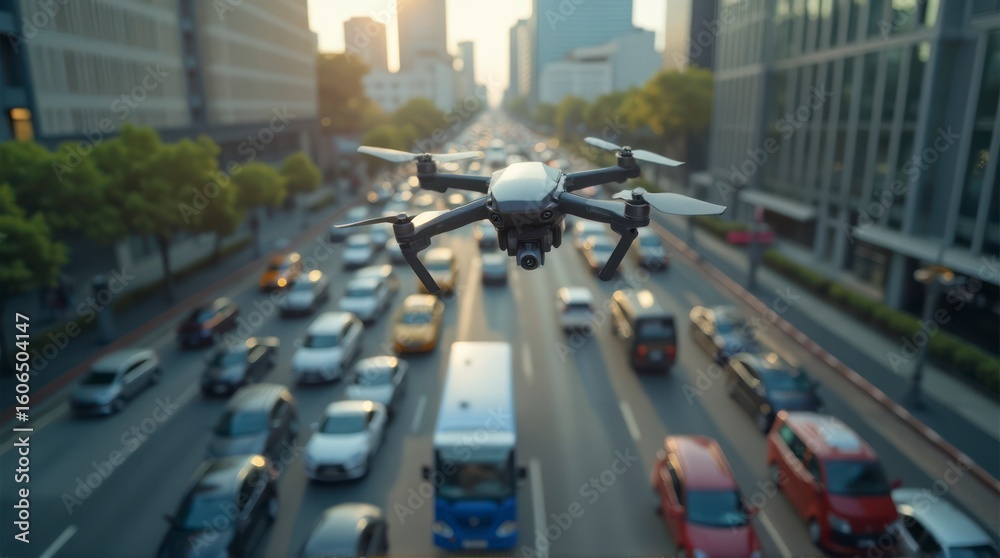 Obraz premium Drone Flies Over City Traffic