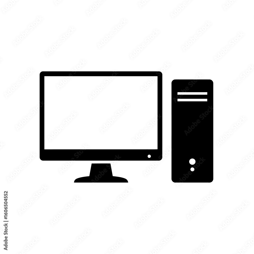Desktop Computer Icon with Monitor and Tower in Black and White Desktop Computer Icon with Monitor and Tower in Black and White